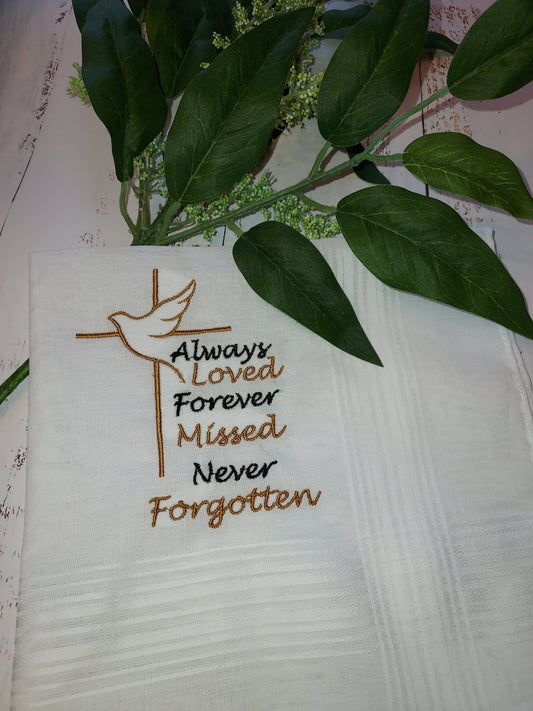 Memorial Handkerchief for Comfort | Remembrance | White Hankey | Customizable Grief Embroidery | 17 x 17 inch Hankey | Funeral | Wake | Gift