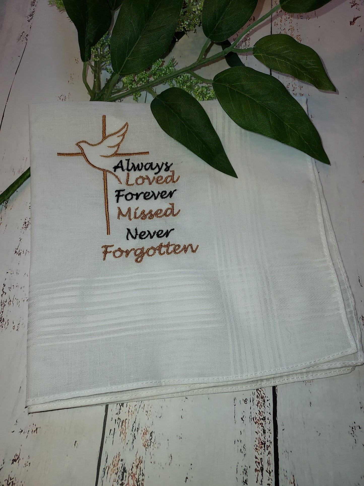 Memorial Handkerchief for Comfort | Remembrance | White Hankey | Customizable Grief Embroidery | 17 x 17 inch Hankey | Funeral | Wake | Gift