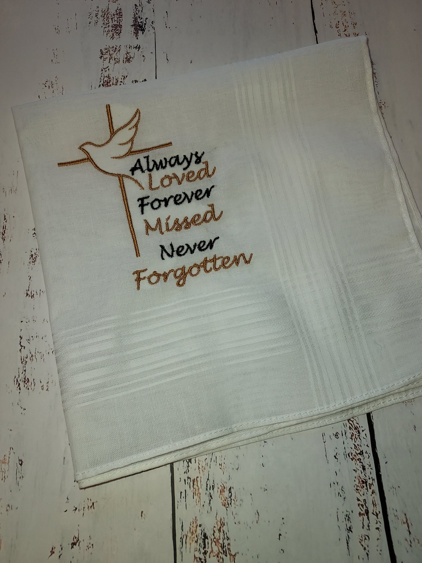 Memorial Handkerchief for Comfort | Remembrance | White Hankey | Customizable Grief Embroidery | 17 x 17 inch Hankey | Funeral | Wake | Gift