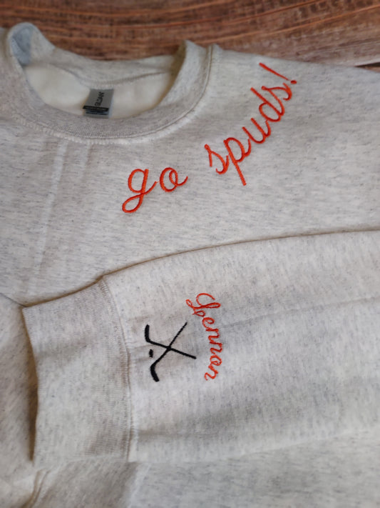 Custom Sports Sweatshirt | Crewneck | Collar | Football | Hockey | Basketball | Wrestling | Baseball | Mom | Proud | Sleeve | Embroidery