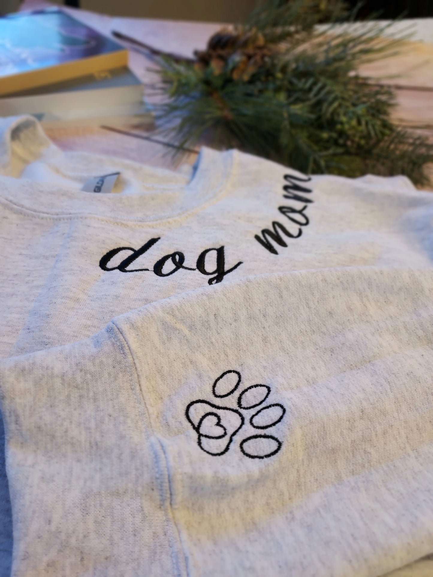 Dog Mom | Crewneck Sweatshirt | Dog lover | Pet | Custom Sweatshirt | Love | Gift | Embroidery | Puppy | Name | Paw | Sleeve Embroider |