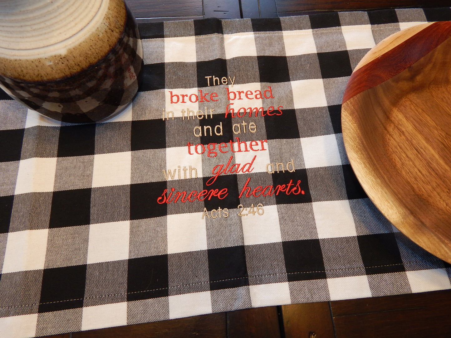 Acts 2 46 | Bible Saying Table Runner | Buffalo Plaid | Christian Table | Table Decoration | Plaid Table Runner | House Warming | Embroidery