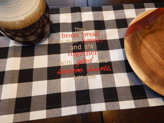 Acts 2 46 | Bible Saying Table Runner | Buffalo Plaid | Christian Table | Table Decoration | Plaid Table Runner | House Warming | Embroidery
