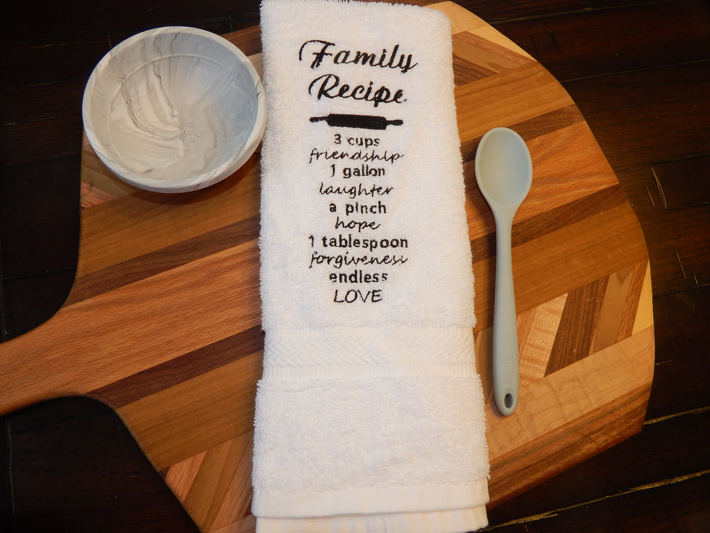 Family Recipe Embroidered Towel | Kitchen Towel | Gift for Mom | Mother's Day | Kitchen Fun | Decoration | Love | Family | Laughter | Baking