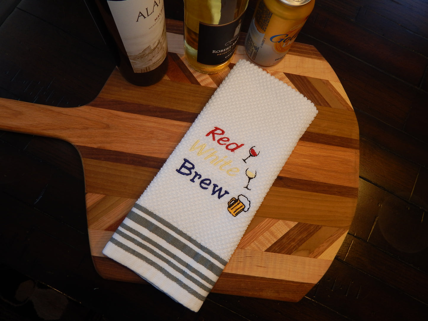 4th of July | Embroidered Kitchen Towel | Red White Blue | Red White Brew | Wine | Beer | Bar Towel | Funny Bar | Summer | Gift | Hostess