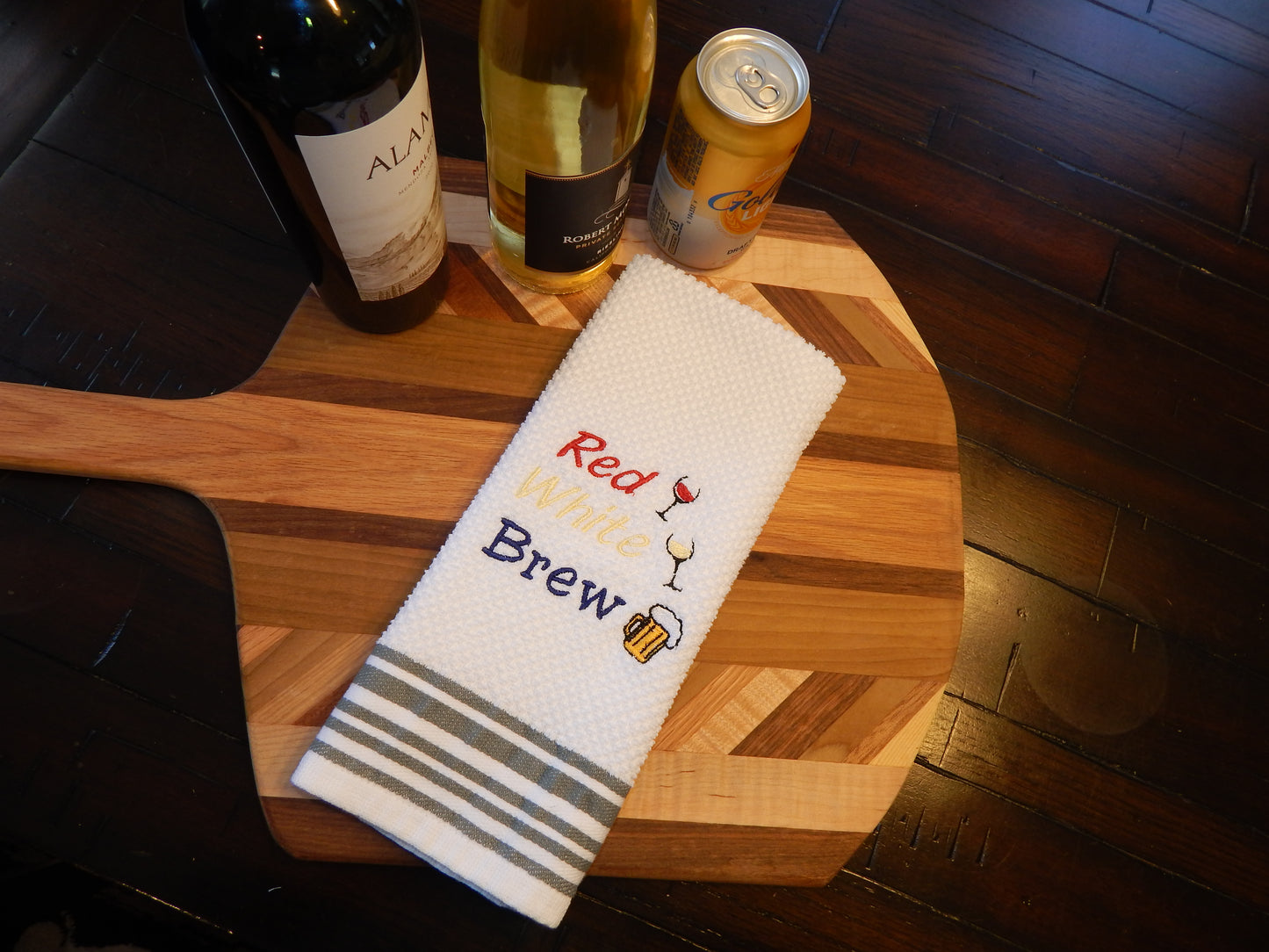 4th of July | Embroidered Kitchen Towel | Red White Blue | Red White Brew | Wine | Beer | Bar Towel | Funny Bar | Summer | Gift | Hostess