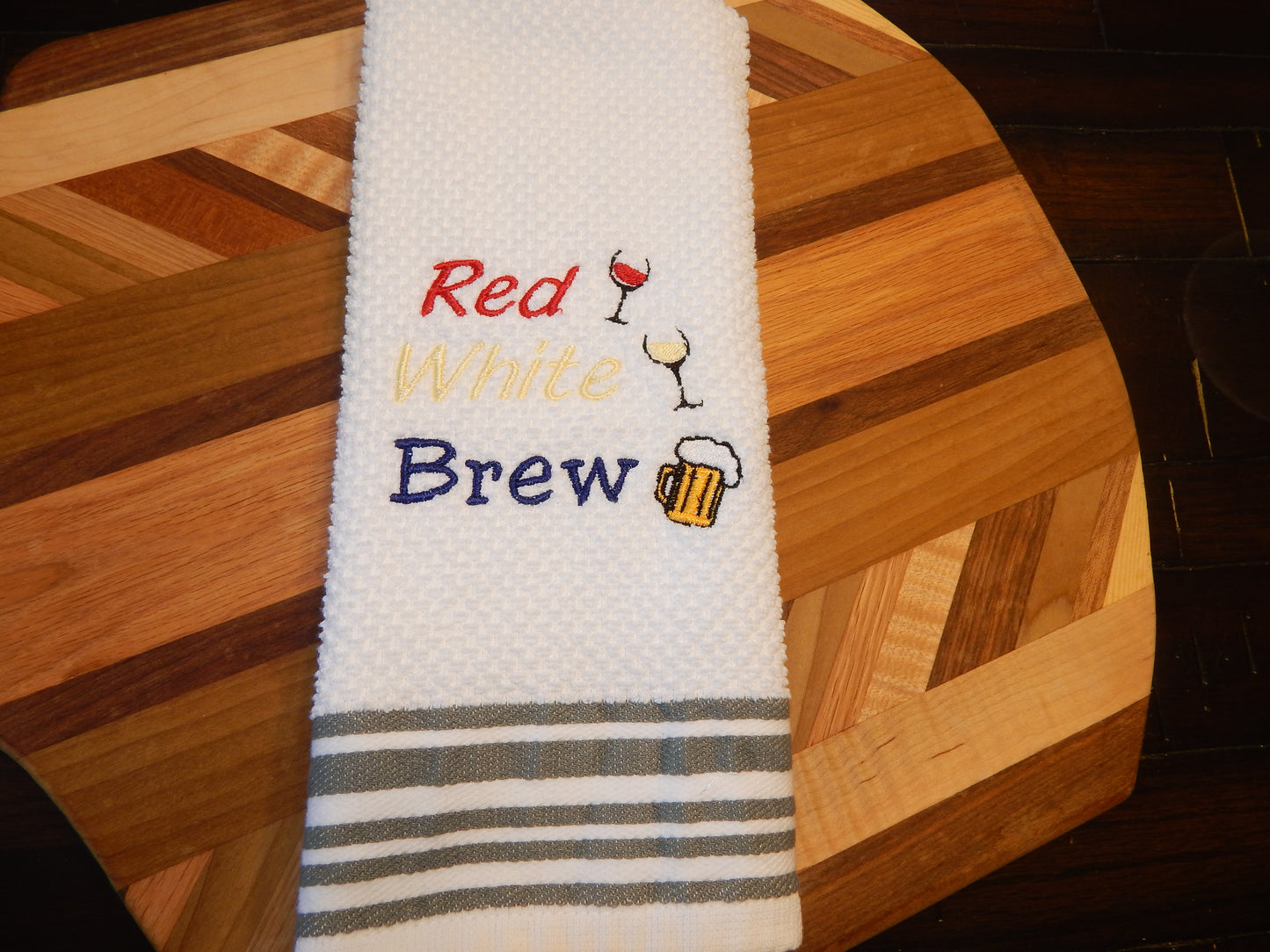 4th of July | Embroidered Kitchen Towel | Red White Blue | Red White Brew | Wine | Beer | Bar Towel | Funny Bar | Summer | Gift | Hostess