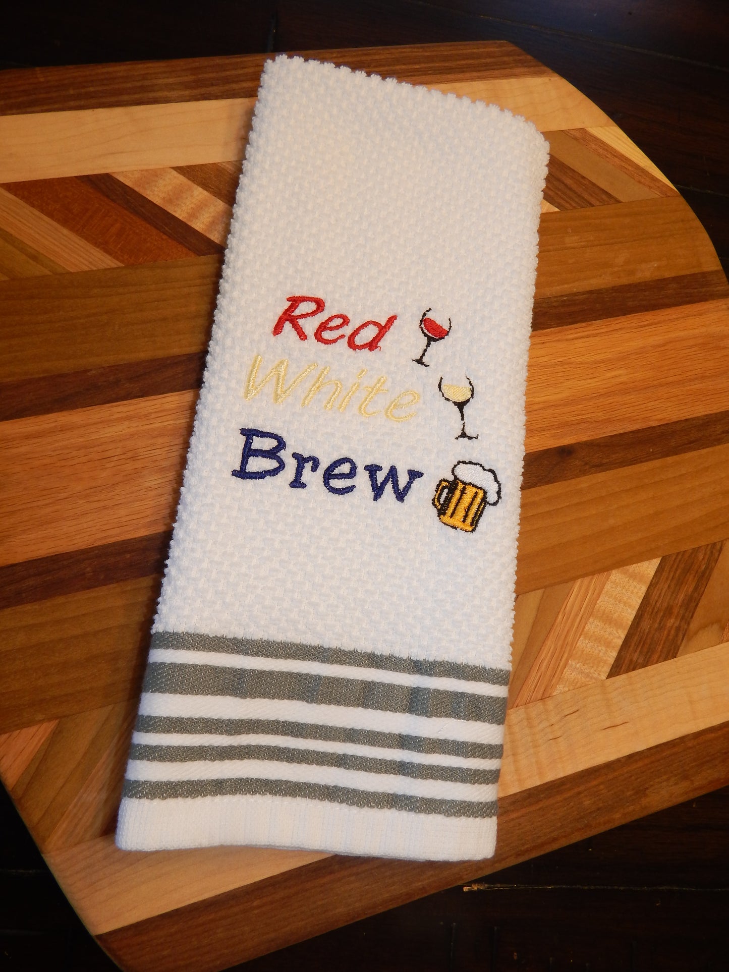 4th of July | Embroidered Kitchen Towel | Red White Blue | Red White Brew | Wine | Beer | Bar Towel | Funny Bar | Summer | Gift | Hostess