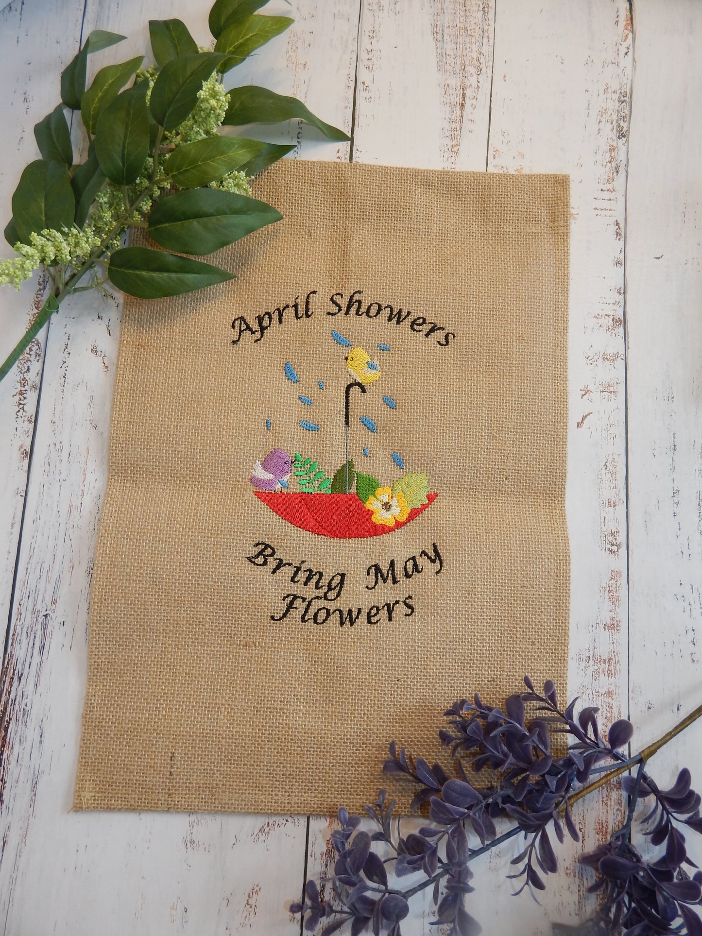 April Showers Bring May Flowers| Spring Garden Flag | Housewarming | Gift | Garden | Customize | Embroidered Flag | Decoration | Welcome Spring|