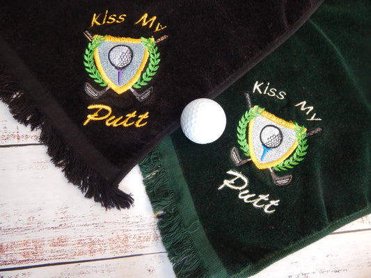 Kiss my Putt | Golf Pun | Golf Team Gift | Add Customization | Embroidered Golf Towel | Gift | Golfer | Love Golf | Funny Golf | Putting