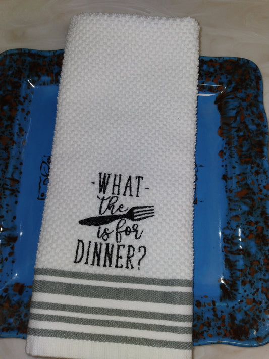 Funny Embroidered Custom Kitchen Towel | What Is For Dinner | What the Fork is For Dinner? | Funny Pun Kitchen Towel | Housewarming Gift