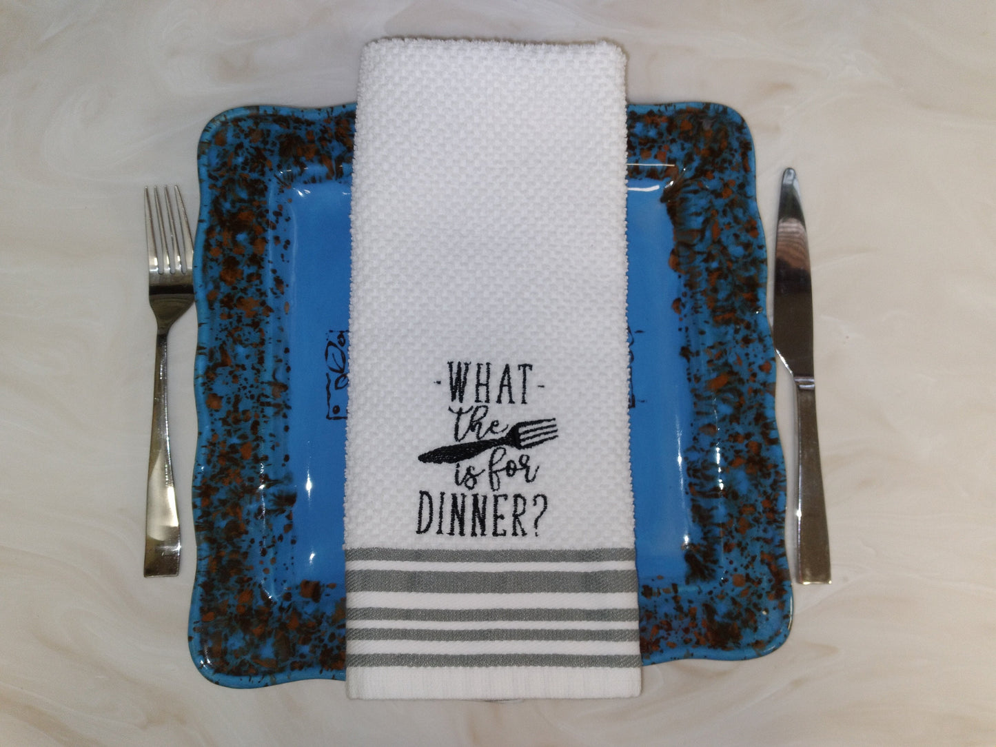 Funny Embroidered Custom Kitchen Towel | What Is For Dinner | What the Fork is For Dinner? | Funny Pun Kitchen Towel | Housewarming Gift