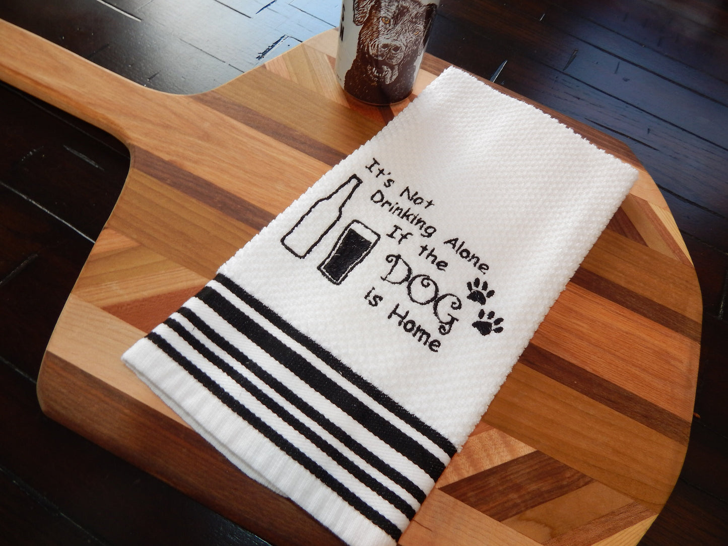 Dog Lover Embroidered Towel | Drinking Alone | Dog Lover Gift | Cat Lover | Pet Lover | Cat Owner Gift | Funny Dog Cat Kitchen Towel | Bar