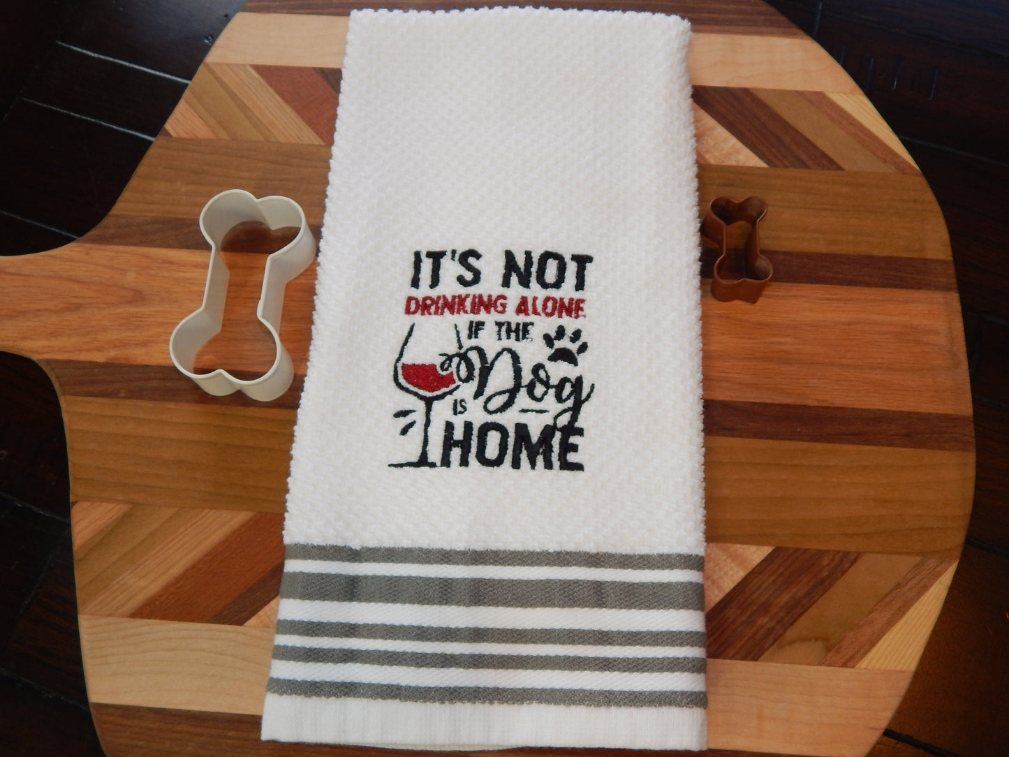 Dog Lover Embroidered Towel | Drinking Alone | Dog Lover Gift | Cat Lover | Pet Lover | Cat Owner Gift | Funny Dog Cat Kitchen Towel | Bar