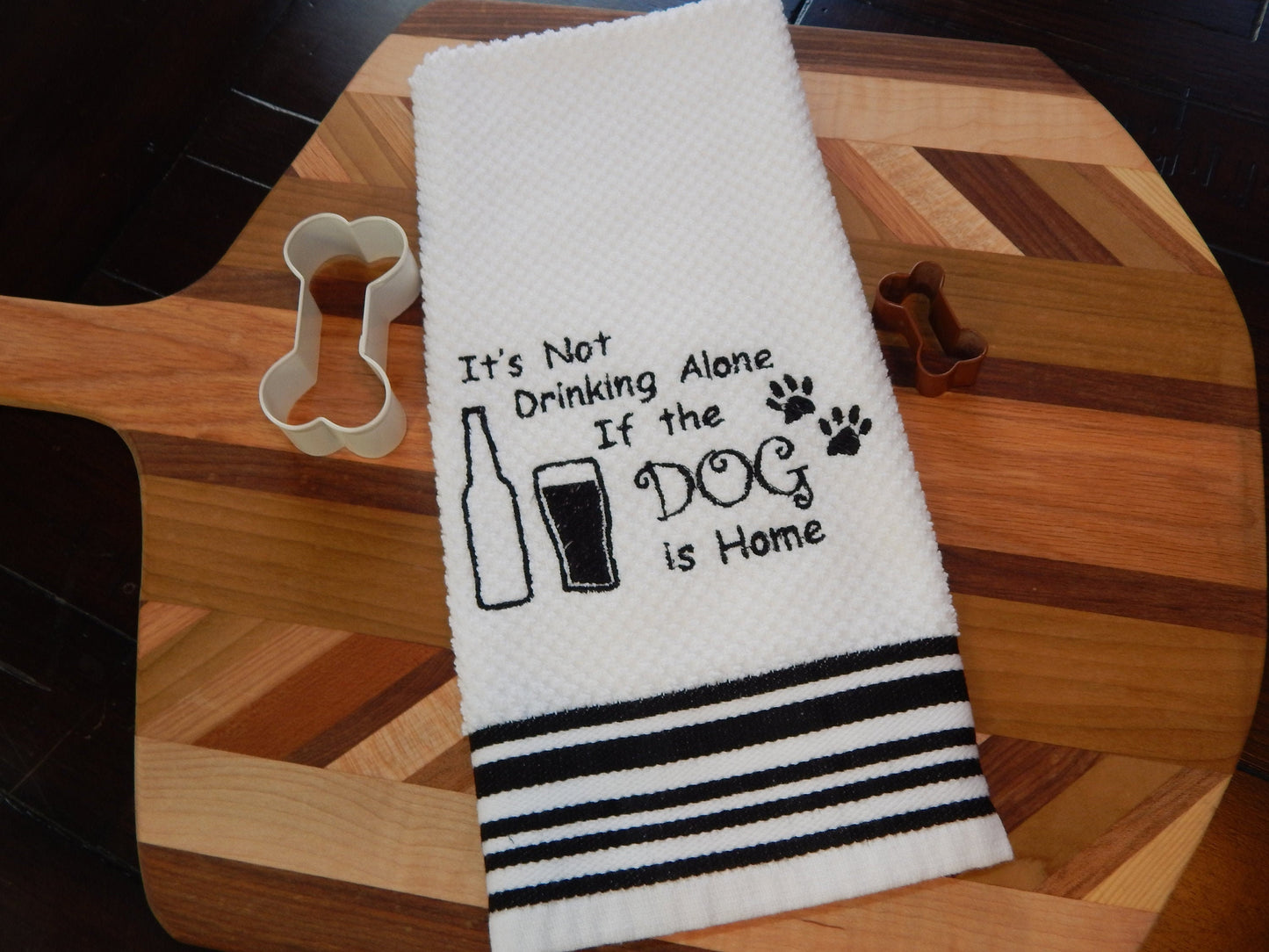 Dog Lover Embroidered Towel | Drinking Alone | Dog Lover Gift | Cat Lover | Pet Lover | Cat Owner Gift | Funny Dog Cat Kitchen Towel | Bar